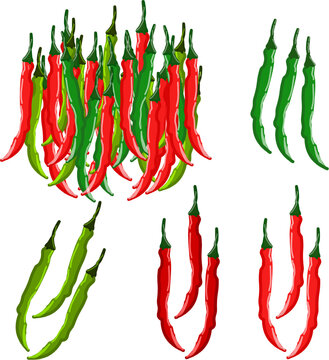 Collection set of red and green chili peppers curly cabe cabai rawit pedas spicy hot cuisine isolated  Doodle Art Vector Illustration 1