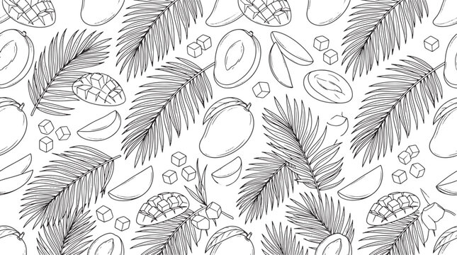 Hand drawn mango fruit and palm leaf seamless pattern in black and white line art style