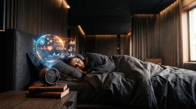 Woman sleeping while futuristic holographic health data displays around her