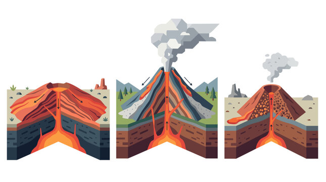 Volcano types cross section diagram showing shield, stratovolcano and cinder cone eruption