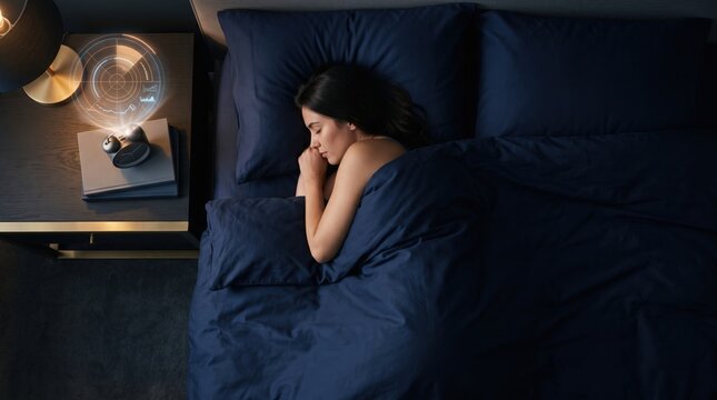 Woman sleeping peacefully in bed with futuristic sleep tracker device projecting data