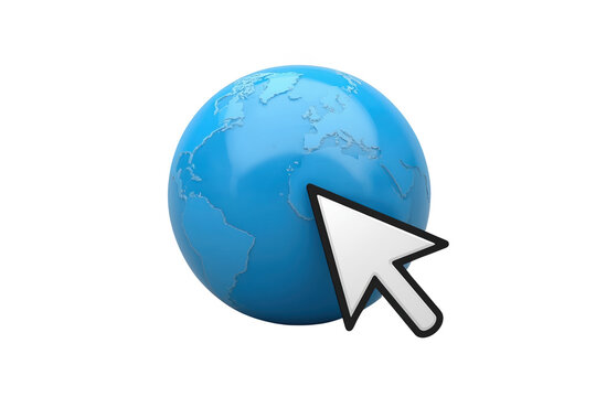 Glossy blue earth globe with computer cursor arrow
