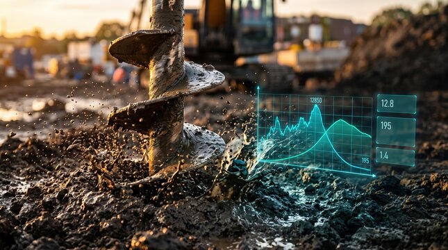 Construction drilling equipment working in mud with digital data overlay