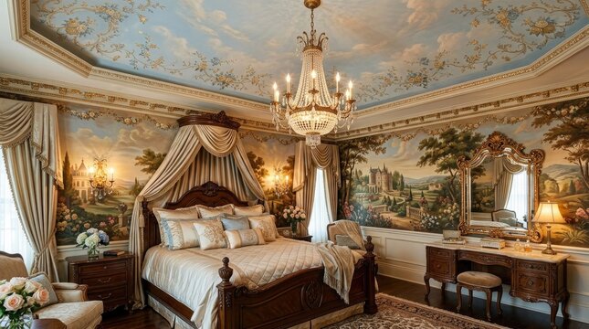 Luxurious master bedroom featuring a four poster canopy bed and ornate hand painted mural walls with detailed landscape wall murals classic style crystal chandelier detailed opulent bedroom interior