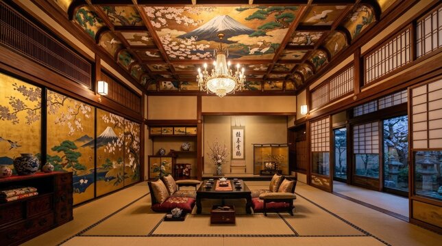 Traditional japanese living room featuring tatami mats sliding screens and a painted coffered ceiling with paintings walls ceiling around table intricate flooring low seating leaf mural paintings
