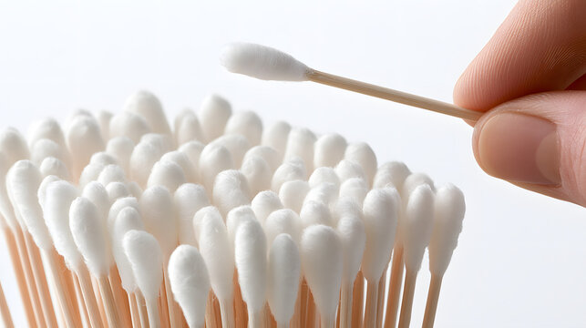 Cotton swabs with a single cotton swab being pulled out by hand on top isolated on white background