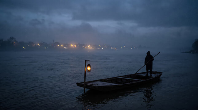Ferryman Poling a Lantern-Lit Boat Across Dark Water