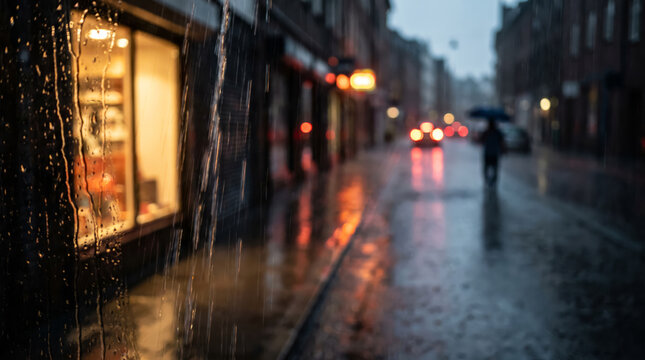 Rain-Streaked Shop Window on a Wet Evening Street