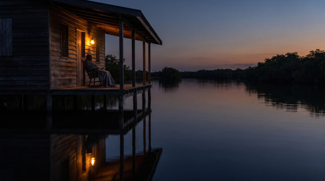 Timber Stilt House Lit by a Single Lamp at Dusk