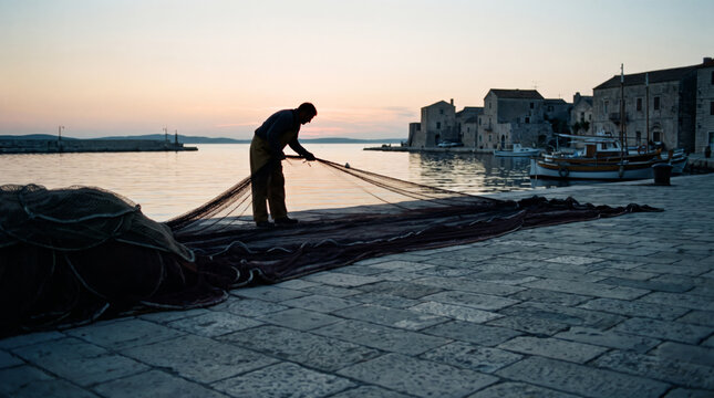 Fisherman Mending Nets on a Stone Quay at Dusk