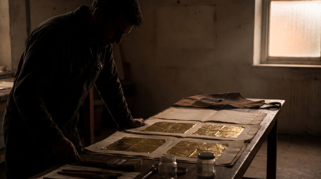 Gilder Laying Gold Leaf Sheets in a Dim Studio