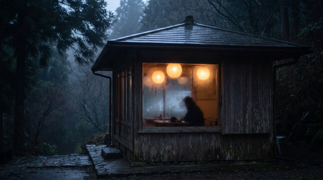 Wooden Tea House Glowing With Lantern Light at Dusk