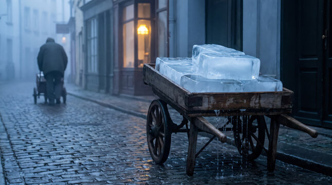 Melting Ice Blocks on a Wooden Delivery Cart at Dawn