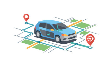 Fototapeta premium Isometric Illustration of a Car Navigating a City Route