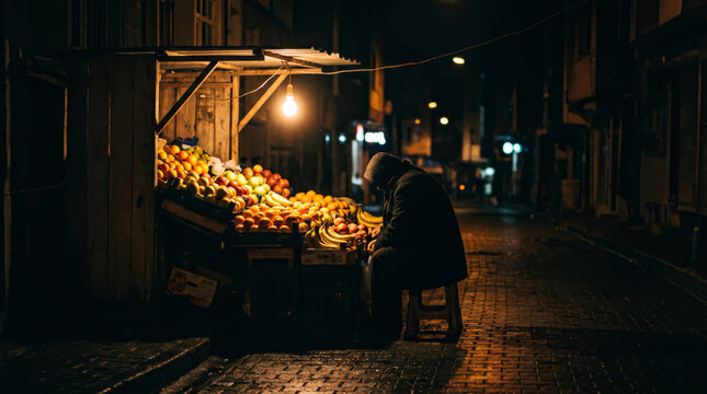 Fruit Vendor Seated Beneath a Bare Bulb at Night