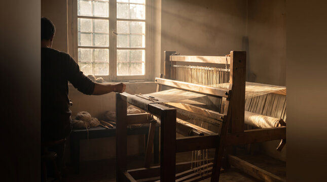 Weaver Silhouetted at a Wooden Handloom by a Window
