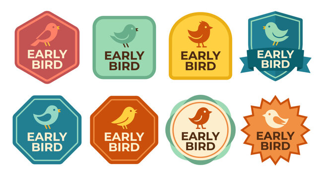 A vibrant collection of 'Early Bird' badges and labels, representing promotional offers or opportunities for early consumers, creating urgency and excitement.