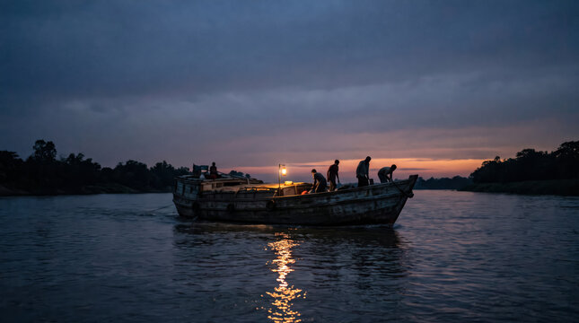Crew Silhouetted on a Wooden Cargo Boat at Dusk