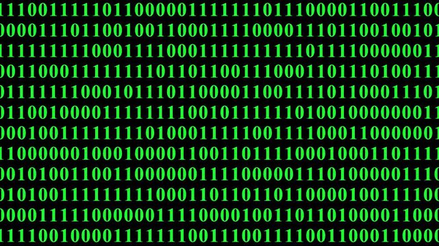Abstract digital binary code streaming in futuristic green on black background.