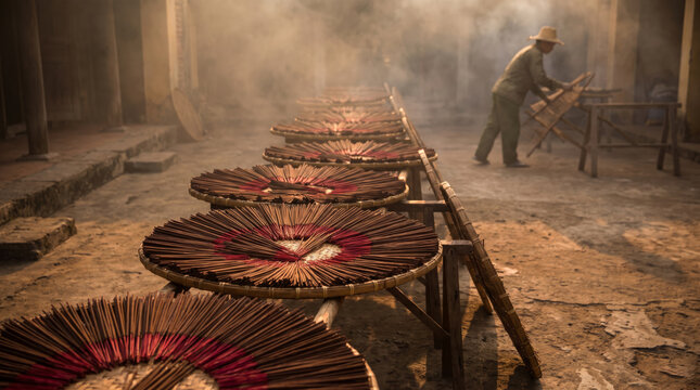 Incense Sticks Fanned Out to Dry in Warm Haze