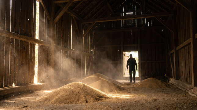 Worker Silhouetted in a Dusty Timber Granary