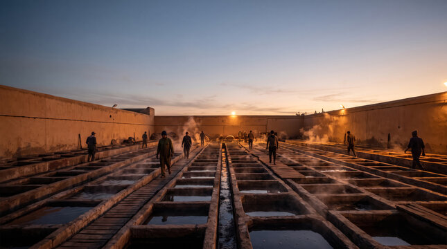Workers Walking Between Rows of Open Tanning Vats