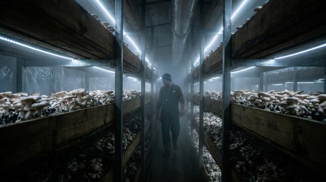 Worker Walking Between Tiered Mushroom Growing Beds