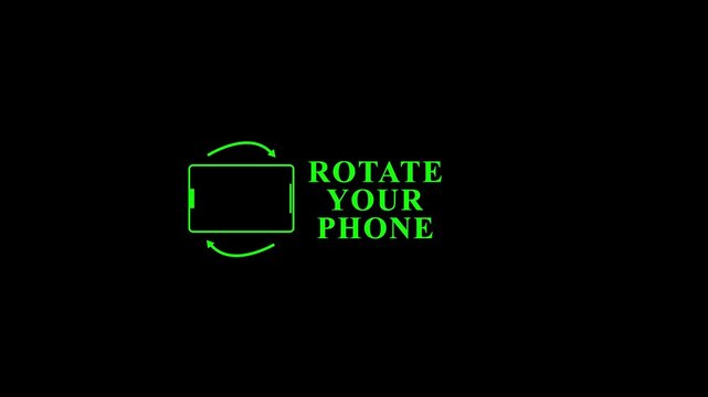Rotate your phone text animation, green mobile device rotation prompt with black background.