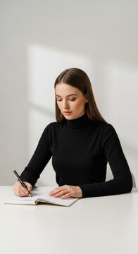 Young woman with long brown hair wearing a black turtleneck sweater sitting at a white desk writing in a paper notebook with a pen against a minimalist white background wall.