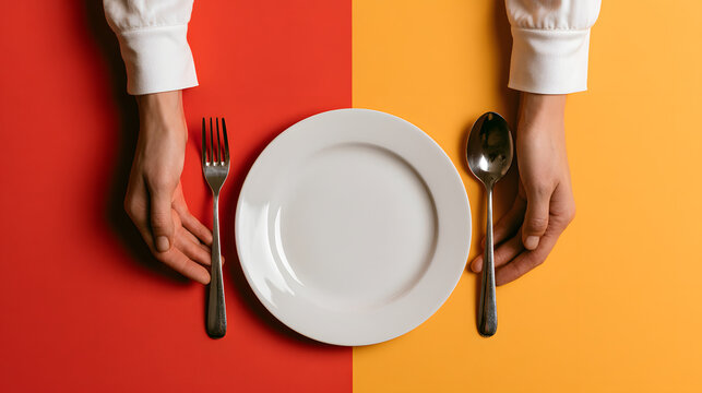 A top-down view of a person holding a silver fork and spoon on either side of an empty white ceramic plate, set against a vibrant background