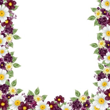 Floral frame illustration featuring white daisies, burgundy dahlias, yellow primroses and green leaves on a white background with central copy space for wedding invitations.