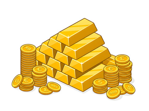Gold bars and coins are arranged in a bright vector illustration