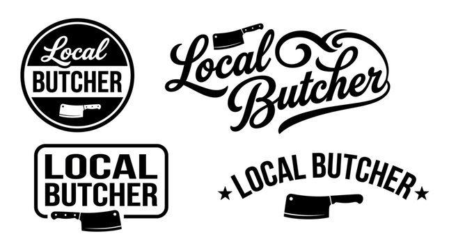 A collection of logos showcasing the local butcher theme, featuring vintage and modern styles that highlight quality meat products and community ties.