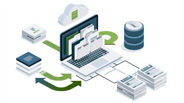 Modern isometric illustration showing a laptop connected to cloud storage, folders, documents, database, and directional arrows representing digital workflow and file management.
