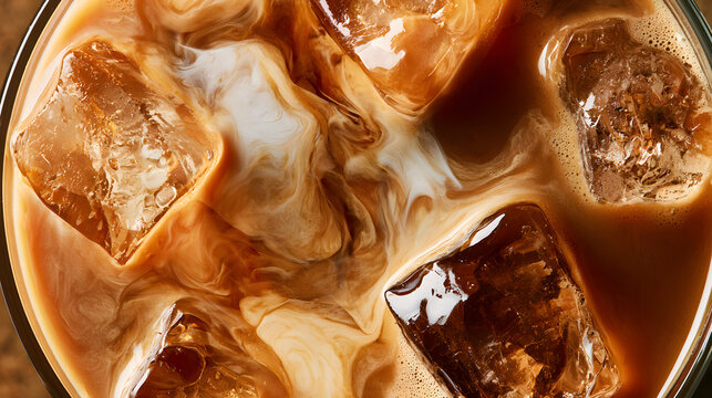 macro top-down view of iced coffee latte with swirling milk and ice cubes texture background