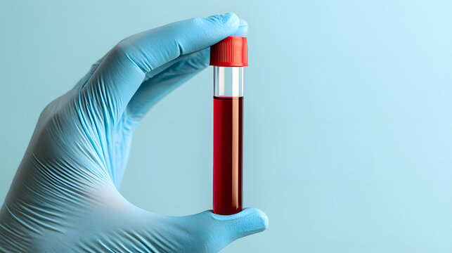 Test tube with donated blood in gloved hand on blue background. Flask of blood for a cholesterol and infection test and medical research and development concept