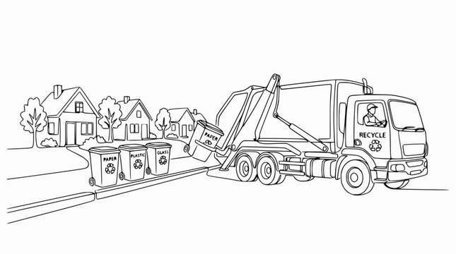Recycling Truck Collecting Bins on Suburban Street Line Art