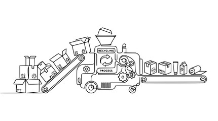 Obraz premium Recycling Process Machine with Boxes and Products on Conveyor Belt