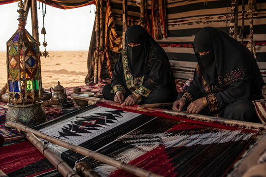 Kuwaiti Sadu Weavers Beside Sunlit Stained Glass Ornament