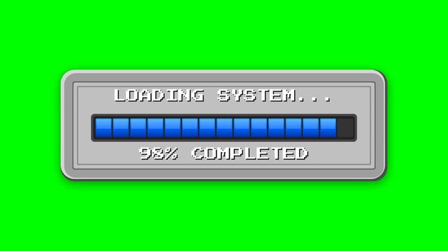 Animation of a retro pixel art "LOADING SYSTEM" progress bar with blue blocks and percentages on a green screen. Ideal for classic UI and 8-bit game design