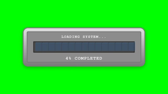 3D animation of a "LOADING SYSTEM" progress bar with segmented blue blocks and percentage text on a green screen. Ideal for UI design and technology concepts