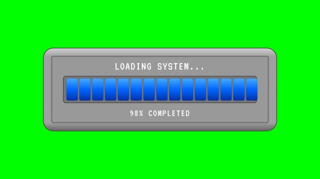 Animation of a segmented "LOADING SYSTEM" progress bar with gradient blue blocks and percentages on a green screen. Ideal for UI and app design