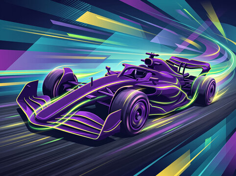 high speed purple formula race car dynamic motion blur vector art glowing green speed lines on dark background synthwave cyber aesthetic digital graphic sports racing wallpaper