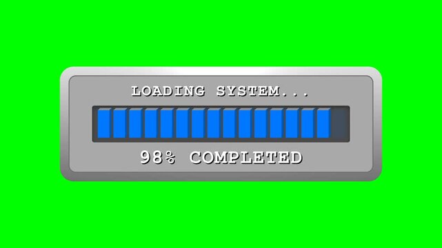 3D animation of a segmented "LOADING SYSTEM" progress bar with glossy blue blocks and percentages on a green screen. Ideal for UI and digital app design