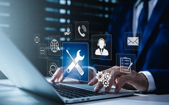 Technical support and customer service concept. Digital icon representing technical support, customer service, and 24/7 assistance. Business technology solutions for global support, service management