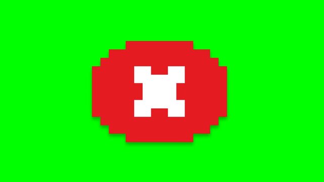 2D animation of a retro pixel art white cross inside a red circle on a green screen. Ideal for classic UI, rejection, cancellation, and 8-bit game design