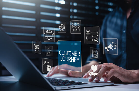 Customer journey and marketing funnel strategy concept. Person using laptop with icon customer journey, digital marketing, customer experience, feedback, social media, conversion, and brand engagement