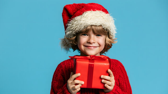 Portrait of smiling boy in santa hat holding gift box over blue background