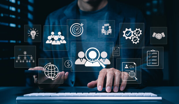 Recruitment and talent acquisition concept. Businessman reviewing candidates on HR interface, hiring, resume screening, workforce planning, interviews, employee selection, human resources management