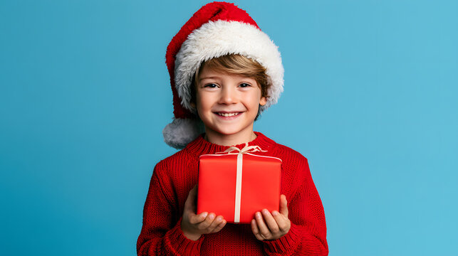 Portrait of smiling boy in santa hat holding gift box over blue background